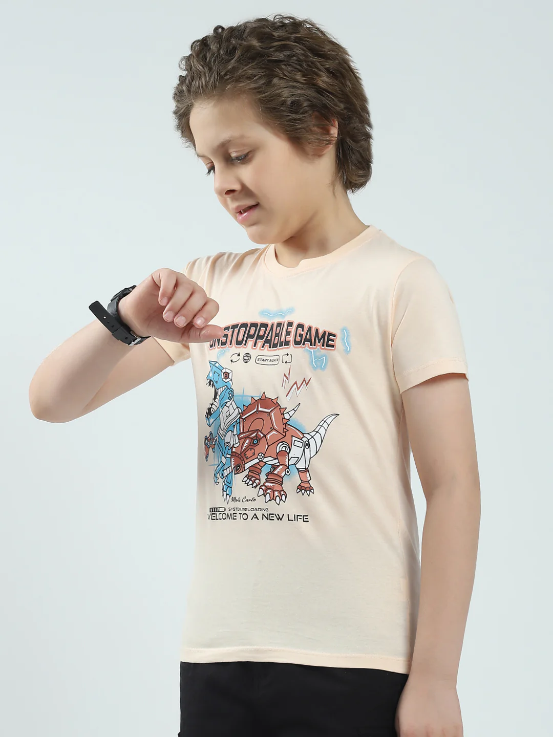 Boys Green & Peach Printed Round Neck Half Sleeve T-Shirt (Pack of 2) - Image 4