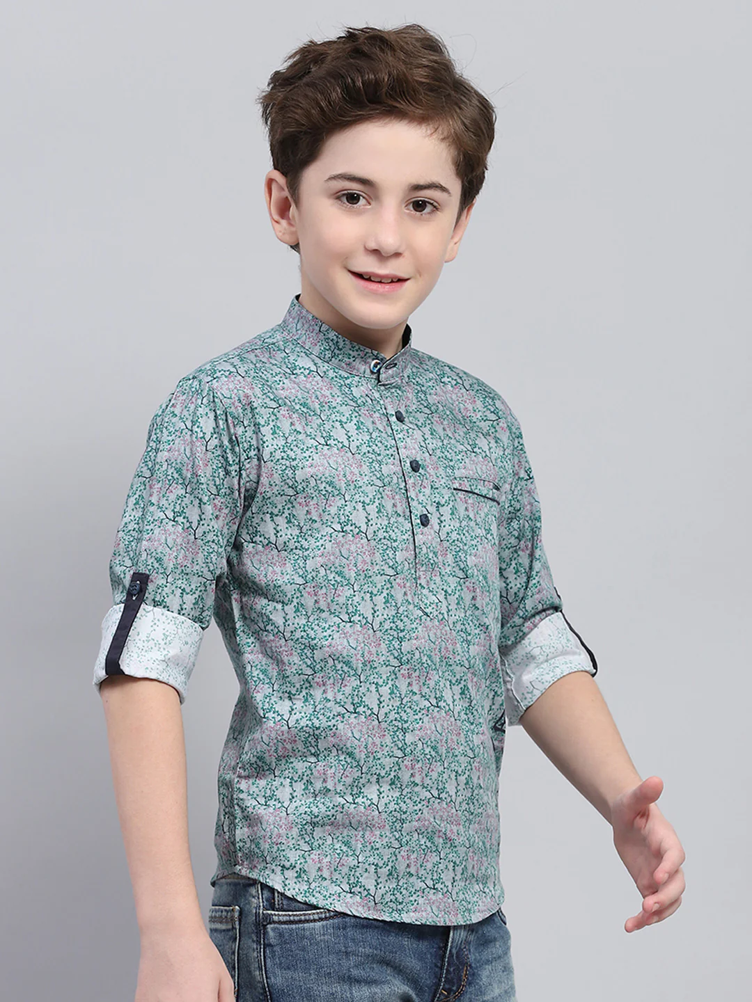 Boys Green Printed Band Collar Full Sleeve Shirt - Image 4