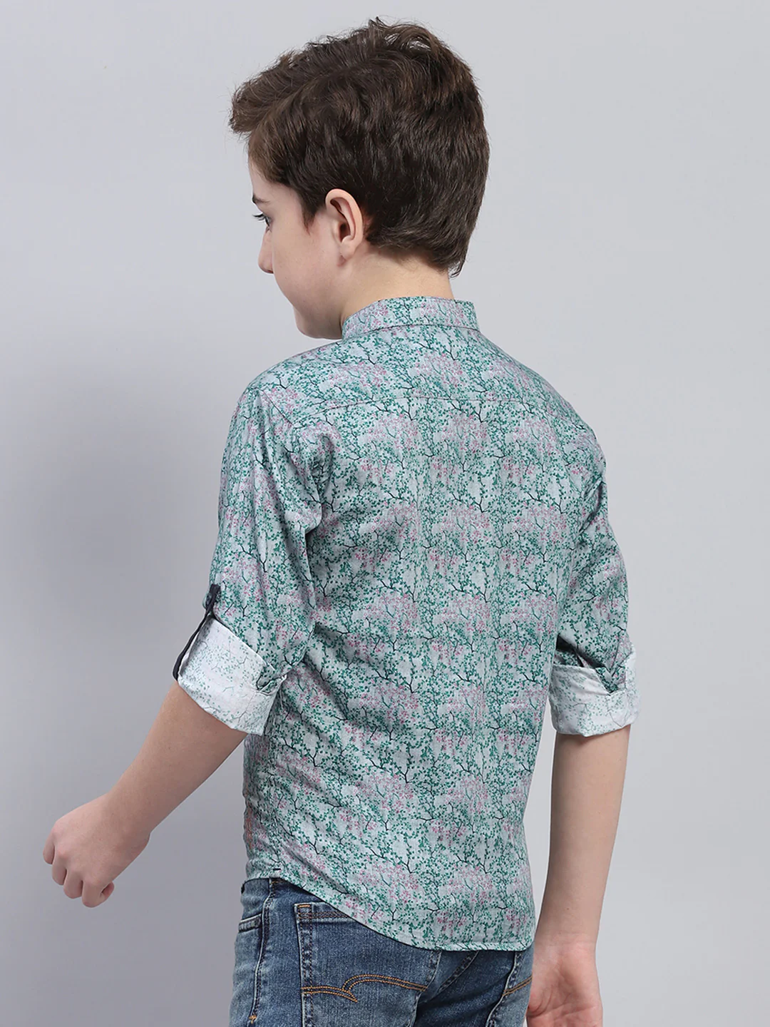 Boys Green Printed Band Collar Full Sleeve Shirt - Image 5
