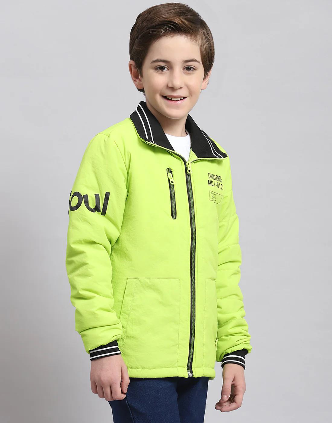 Boys Green Printed Collar Full Sleeve Boys Jacket - Image 4