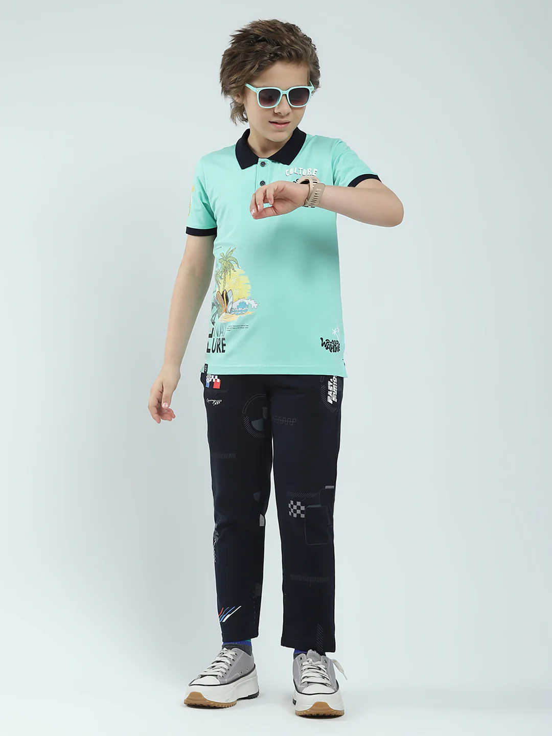 Boys Green Printed Collar Half Sleeve T-Shirt - Image 2