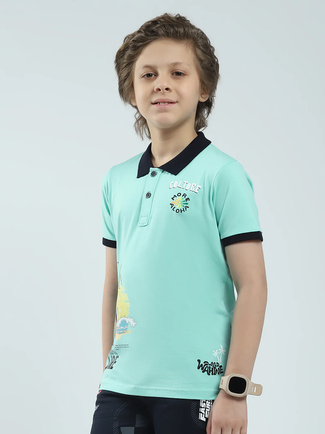Boys Green Printed Collar Half Sleeve T-Shirt - Image 3