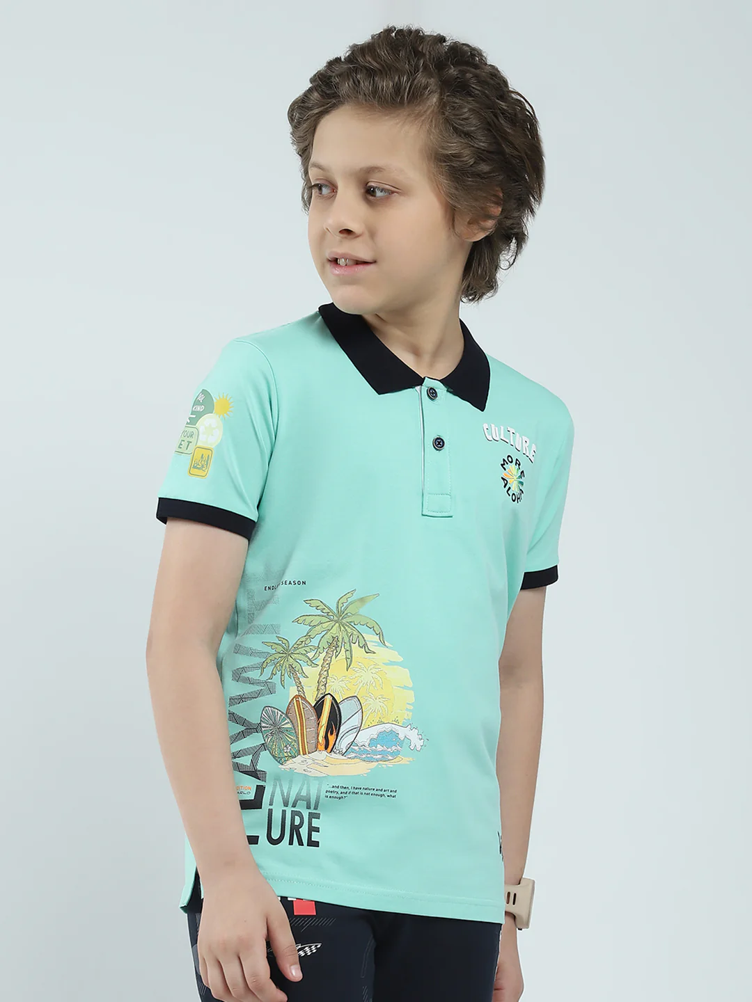 Boys Green Printed Collar Half Sleeve T-Shirt - Image 4