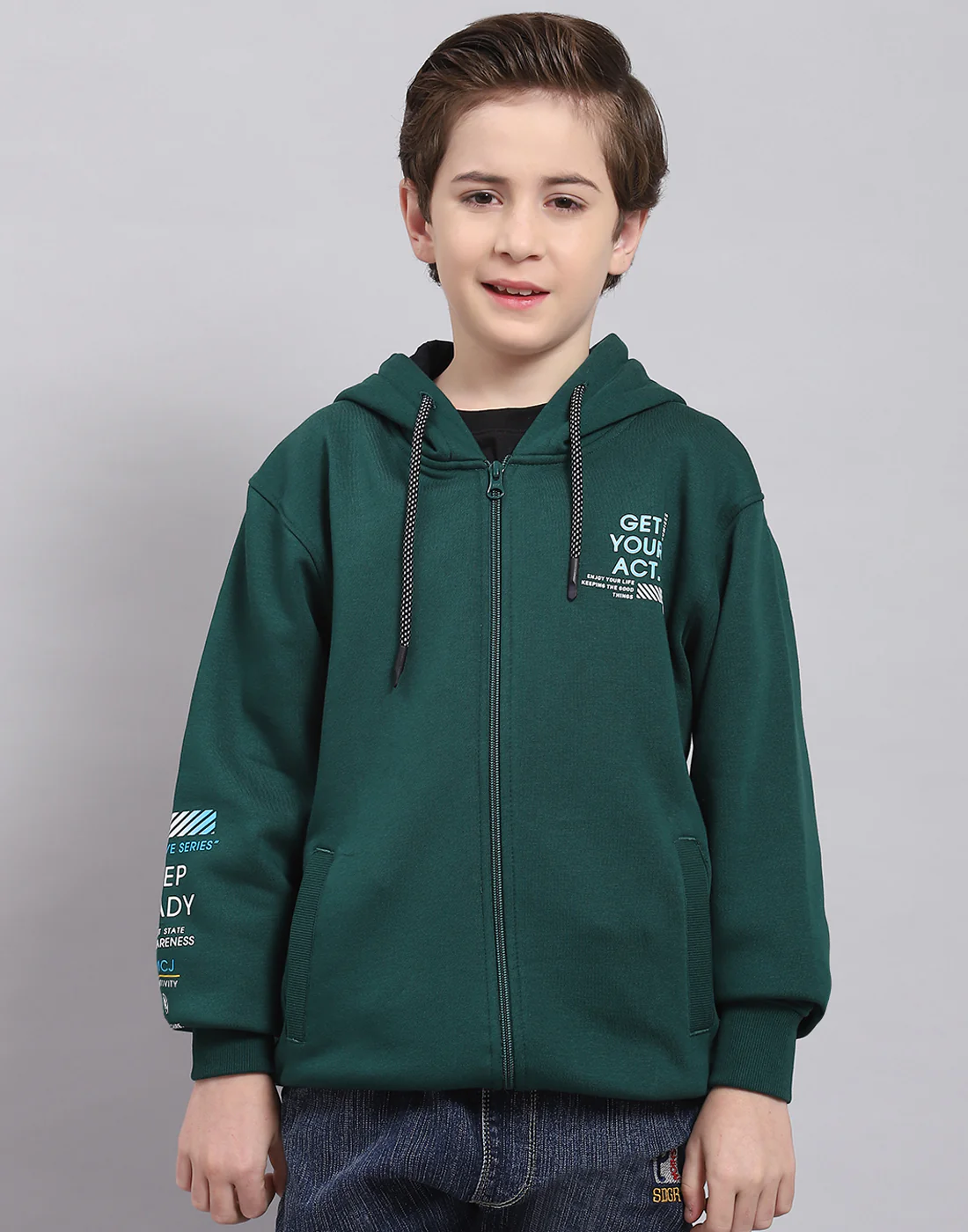 Boys Green Printed Hooded Full Sleeve Sweatshirt - Image 3