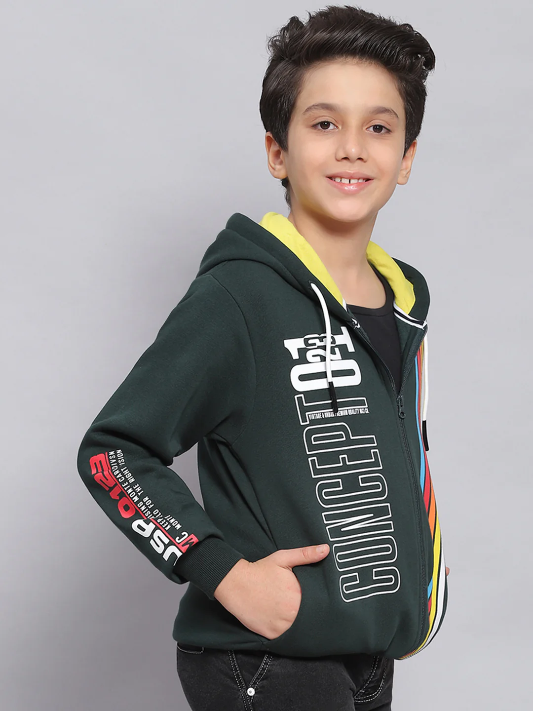 Boys Green Printed Hooded Full Sleeve Sweatshirt - Image 4