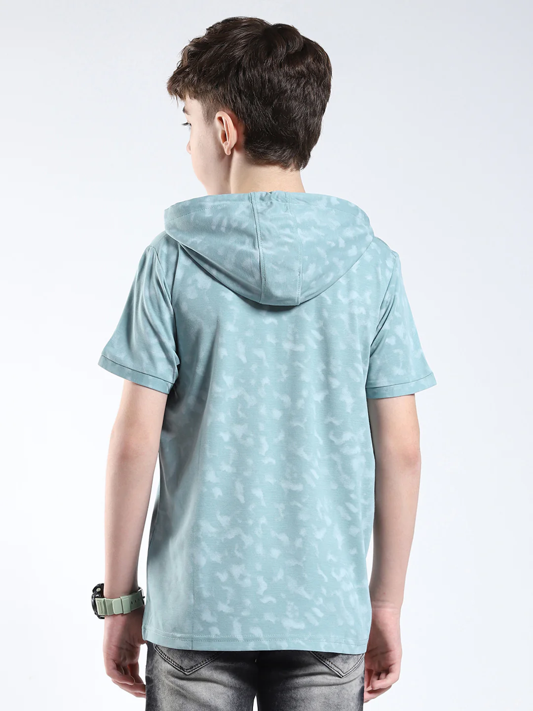 Boys Green Printed Hooded Half Sleeve T-Shirt - Image 5