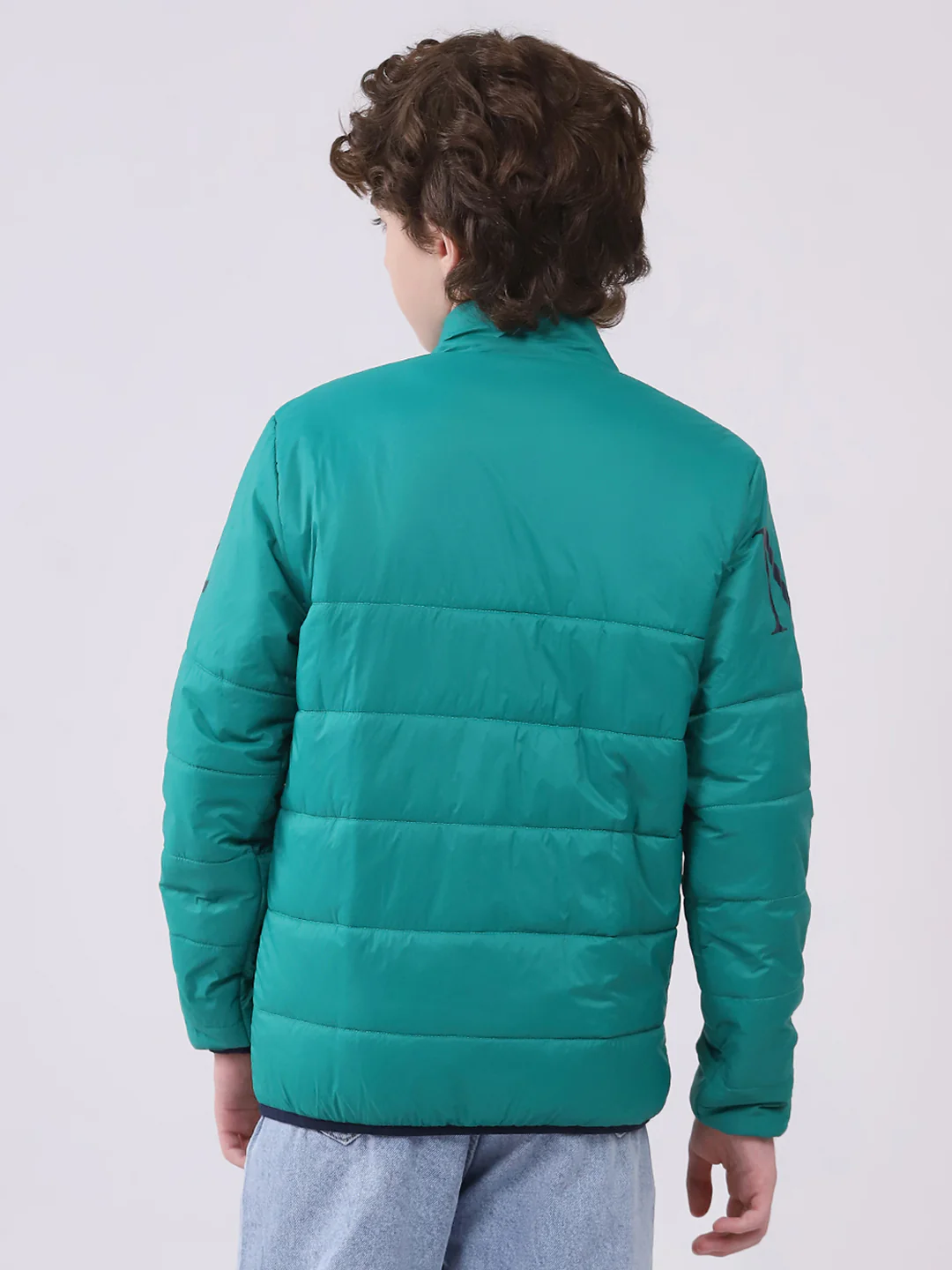 Boys Green Printed Mock Neck Full Sleeve Boys Reversible Jacket - Image 5
