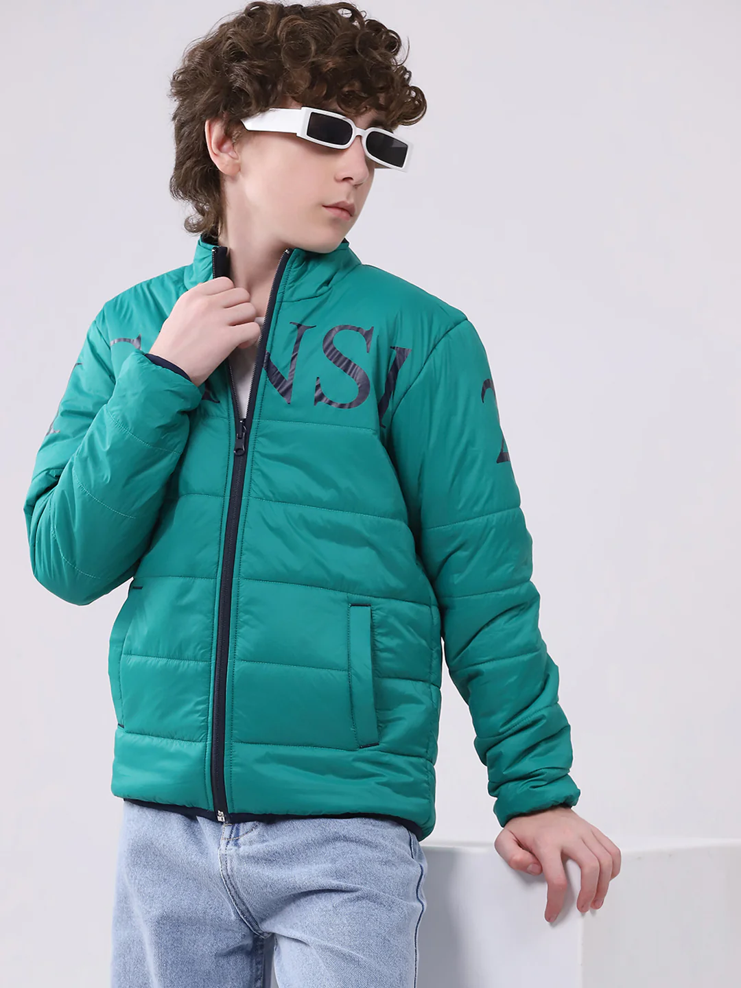 Boys Green Printed Mock Neck Full Sleeve Boys Reversible Jacket - Image 6