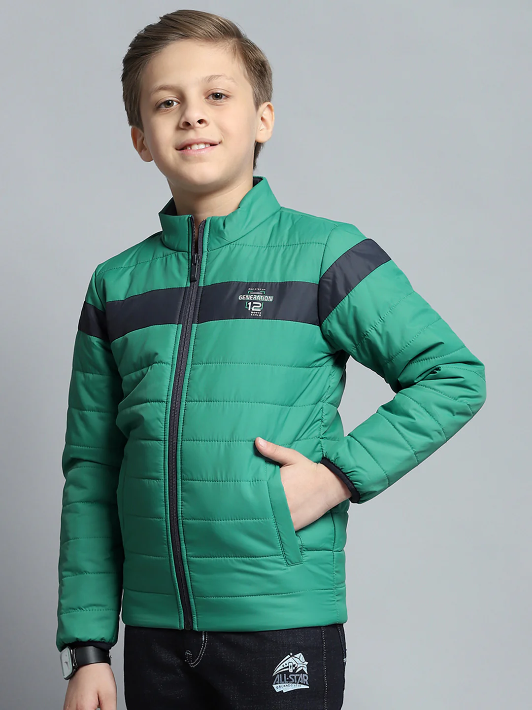 Boys Green Printed Mock Neck Full Sleeve Jacket - Image 3