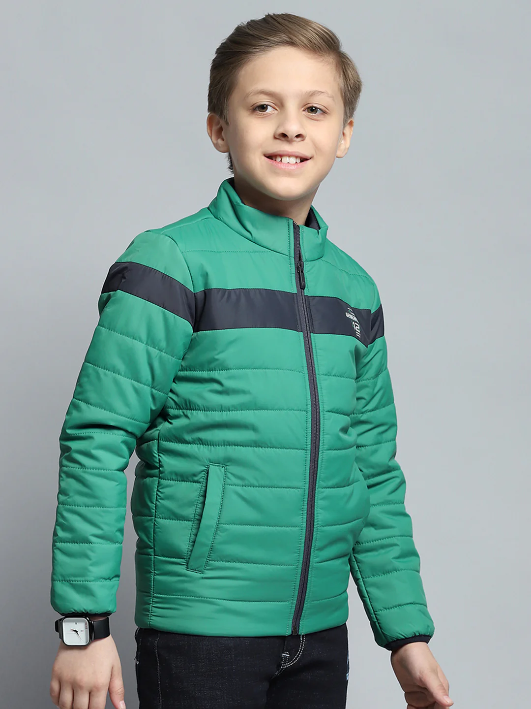 Boys Green Printed Mock Neck Full Sleeve Jacket - Image 4