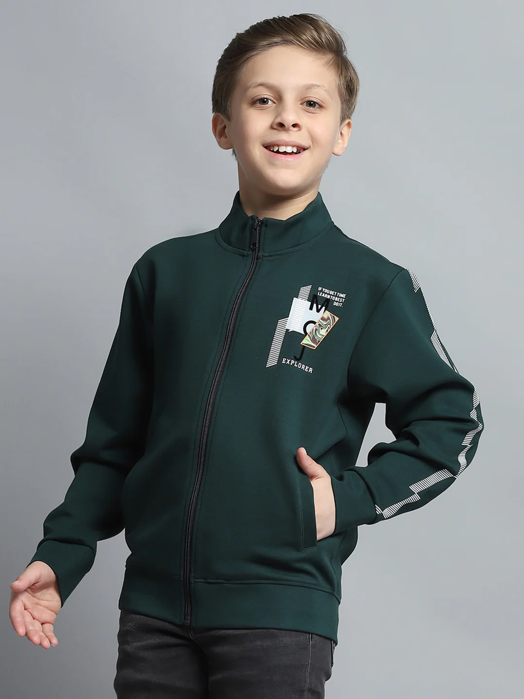 Boys Green Printed Mock Neck Full Sleeve Sweatshirt - Image 3