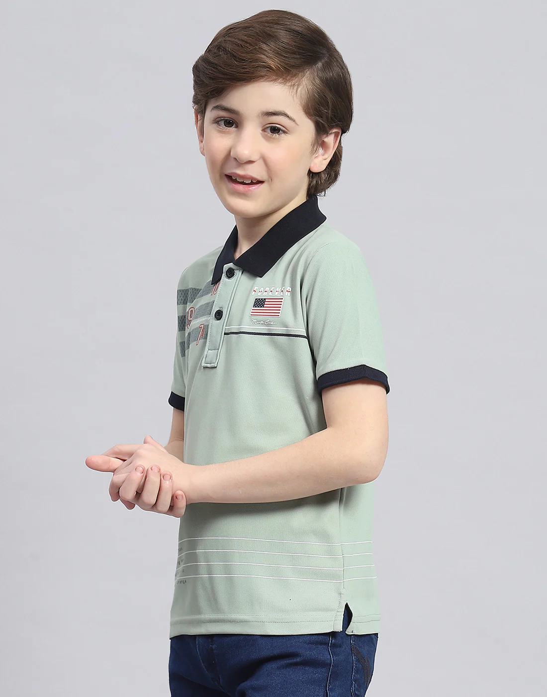 Boys Green Printed Polo Collar Half Sleeve T-Shirt - Image 3