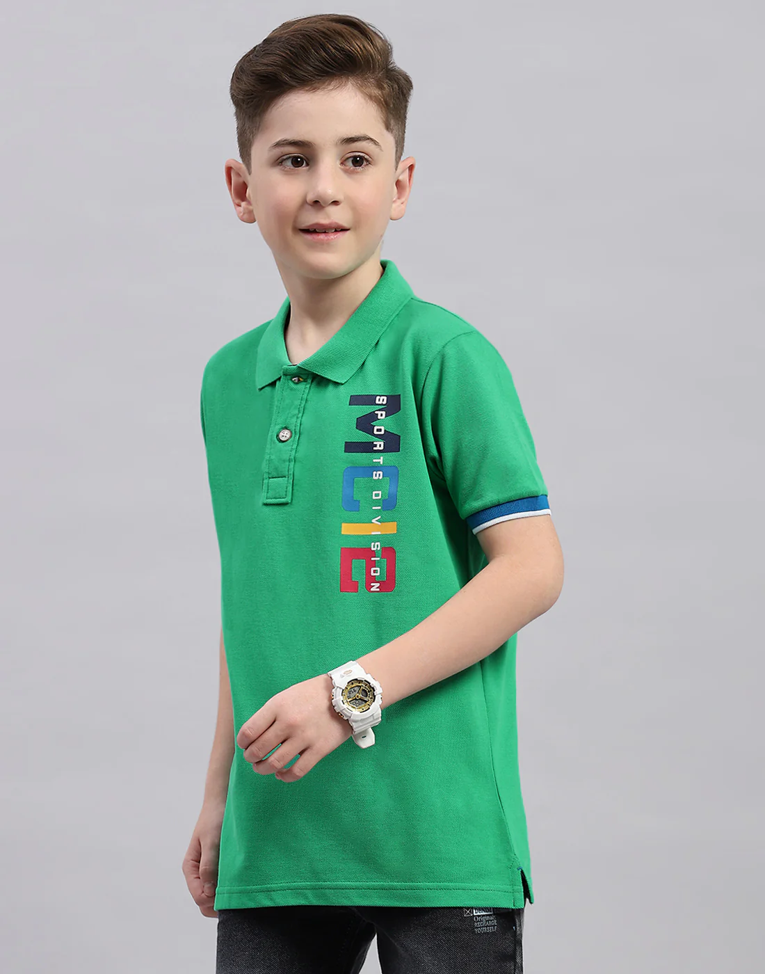 Boys Green Printed Polo Collar Half Sleeve T-Shirt - Image 3