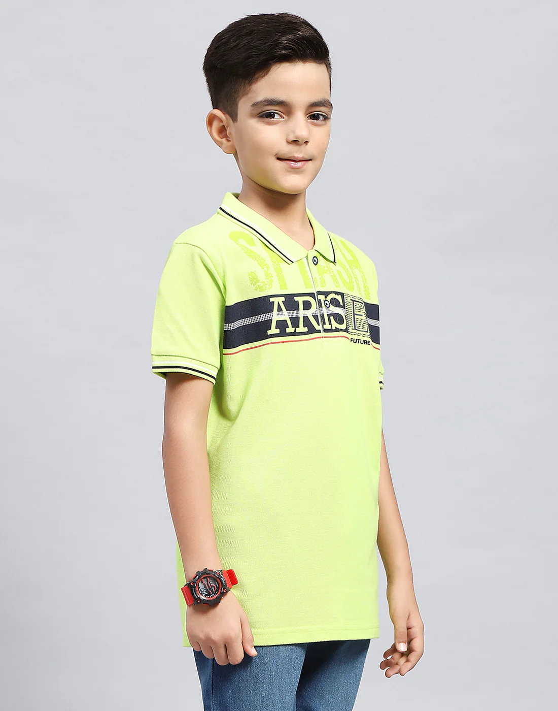 Boys Green Printed Polo Collar Half Sleeve T-Shirt - Image 5