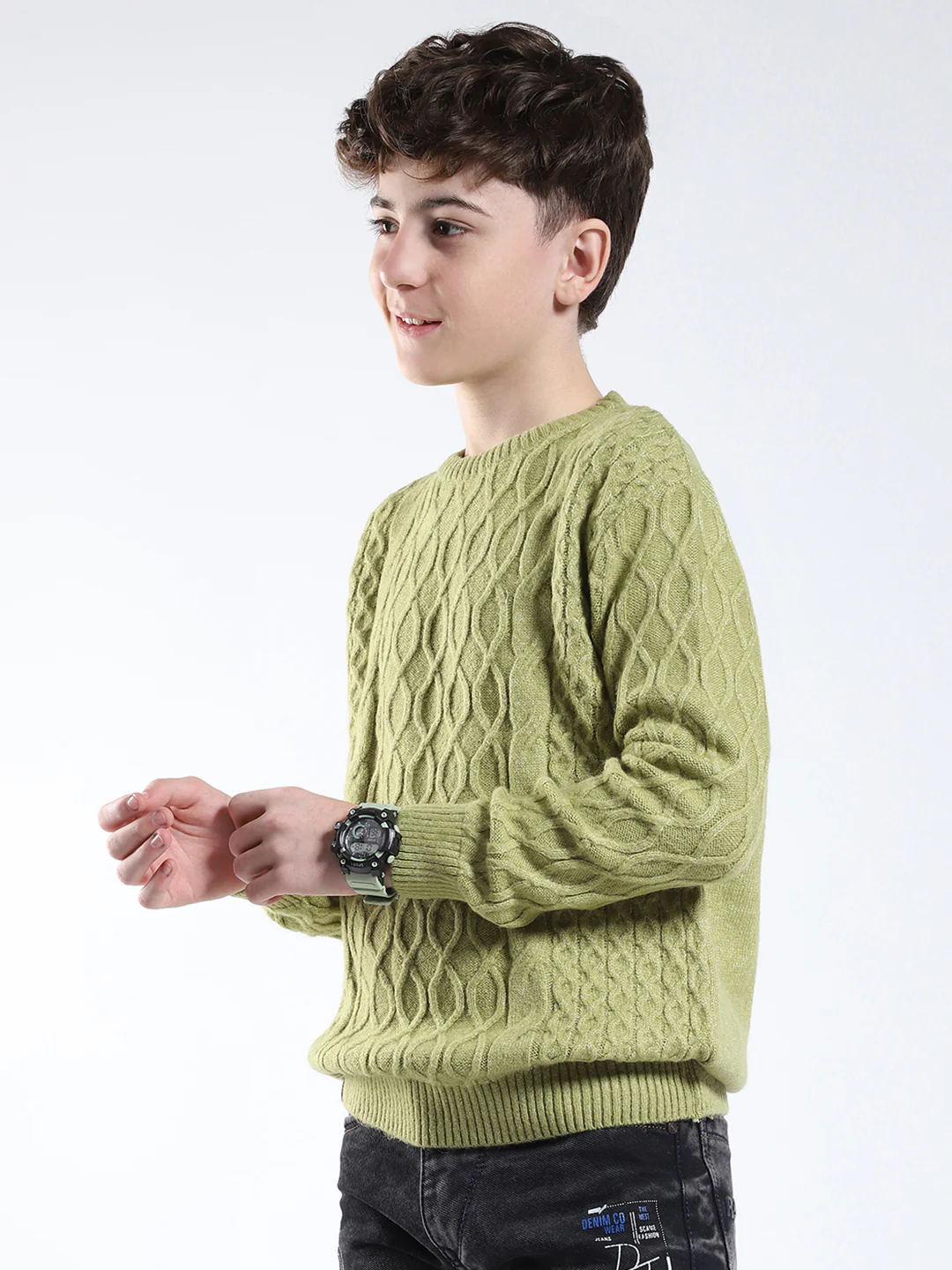 Boys Green Printed Round Neck Full Sleeve Pullover - Image 3