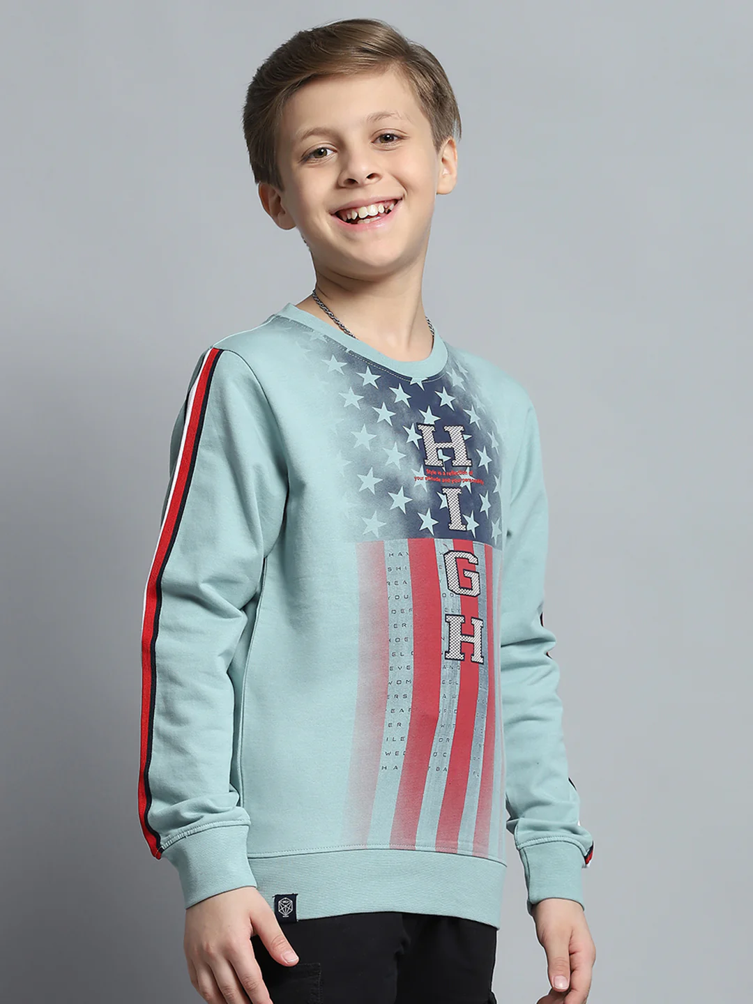 Boys Green Printed Round Neck Full Sleeve Sweatshirt - Image 4