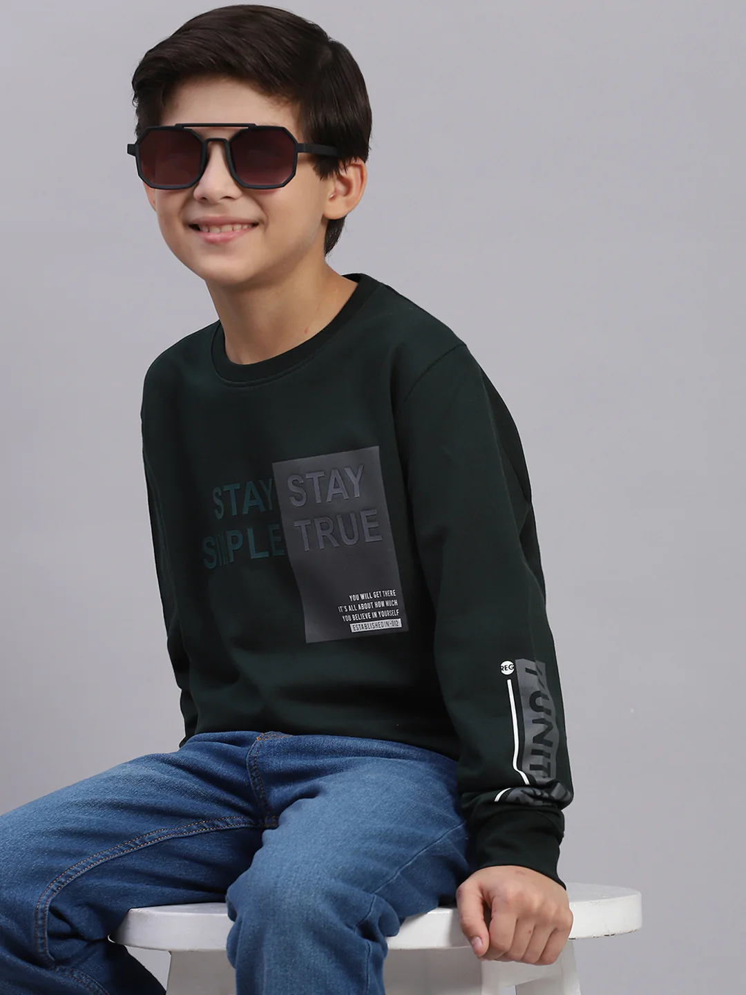 Boys Green Printed Round Neck Full Sleeve Sweatshirt - Image 2