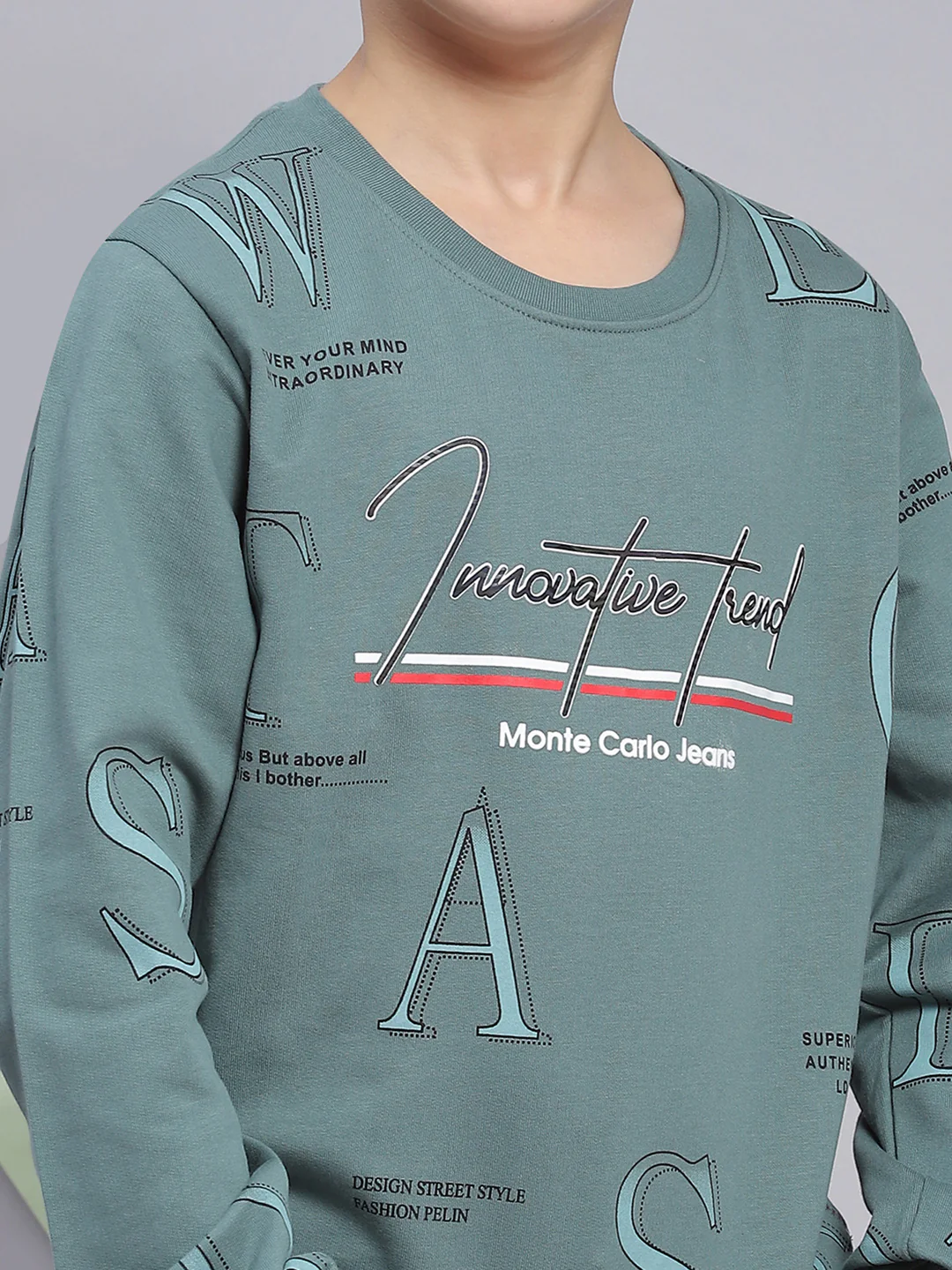 Boys Green Printed Round Neck Full Sleeve Sweatshirt - Image 6