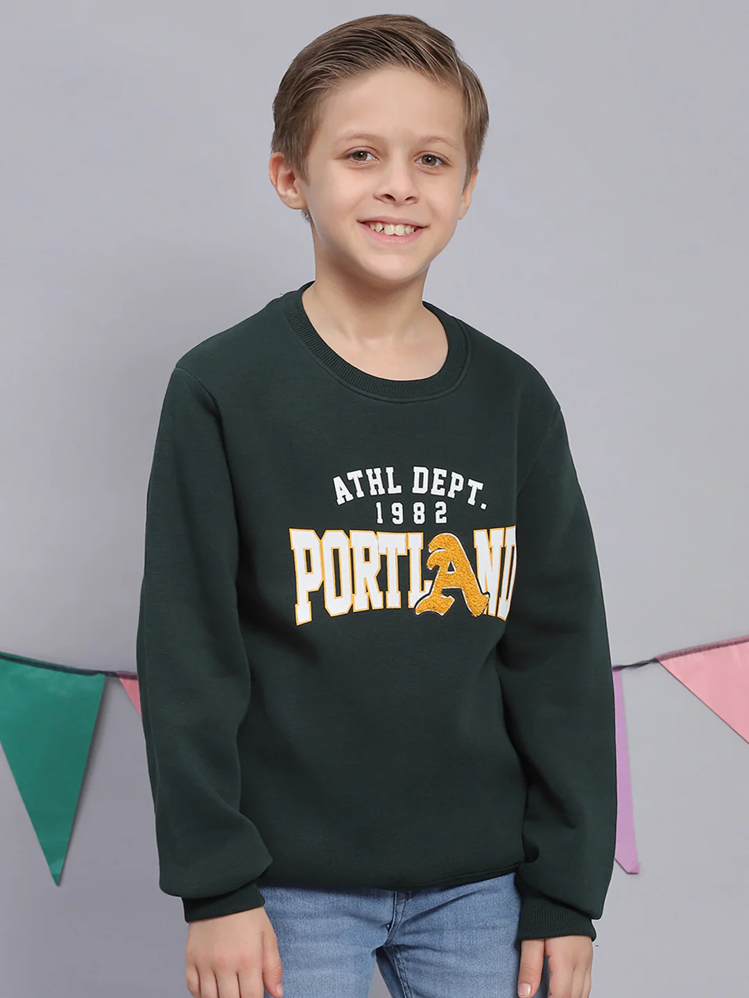 Boys Green Printed Round Neck Full Sleeve Sweatshirt - Image 3