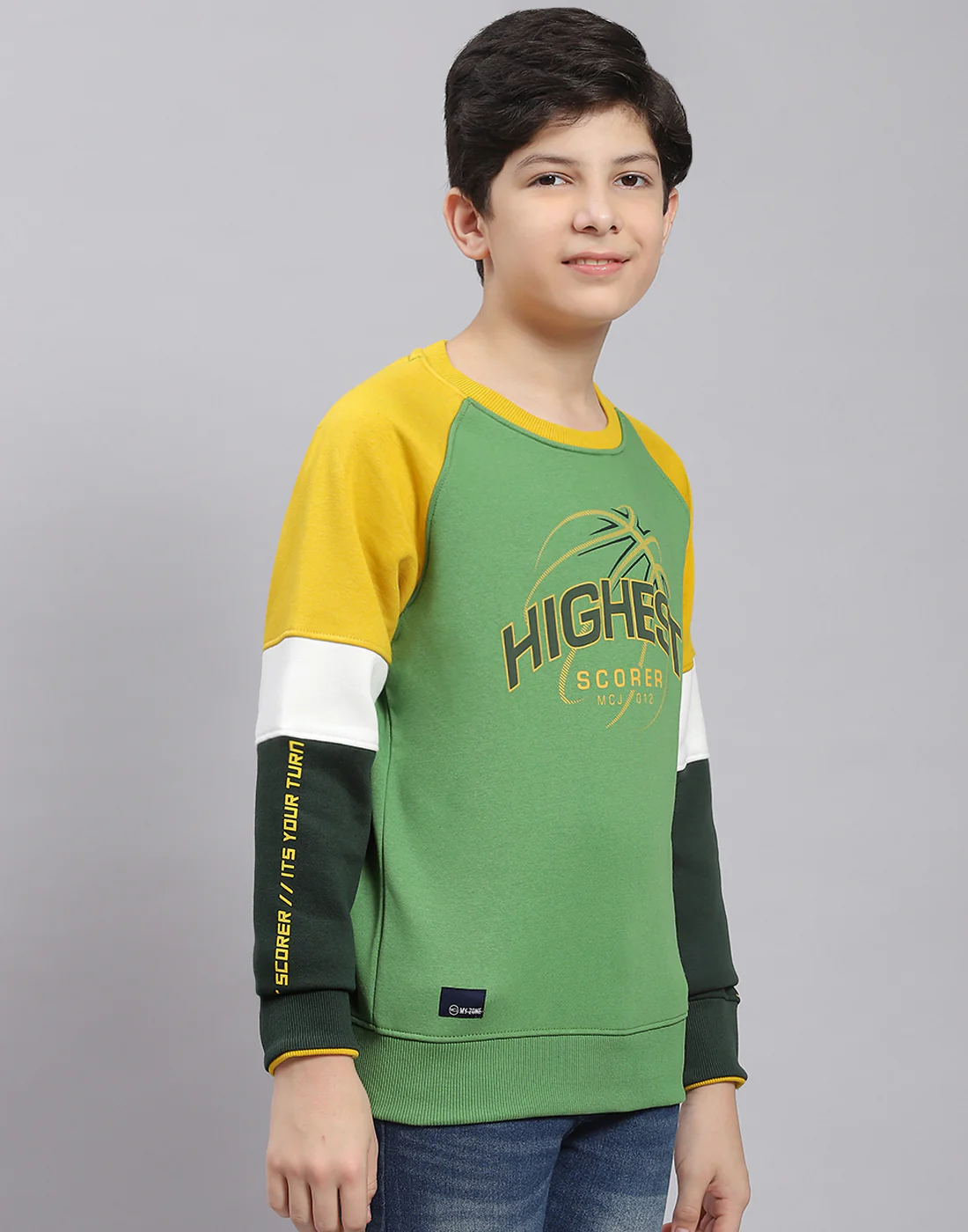 Boys Green Printed Round Neck Full Sleeve Sweatshirt - Image 4