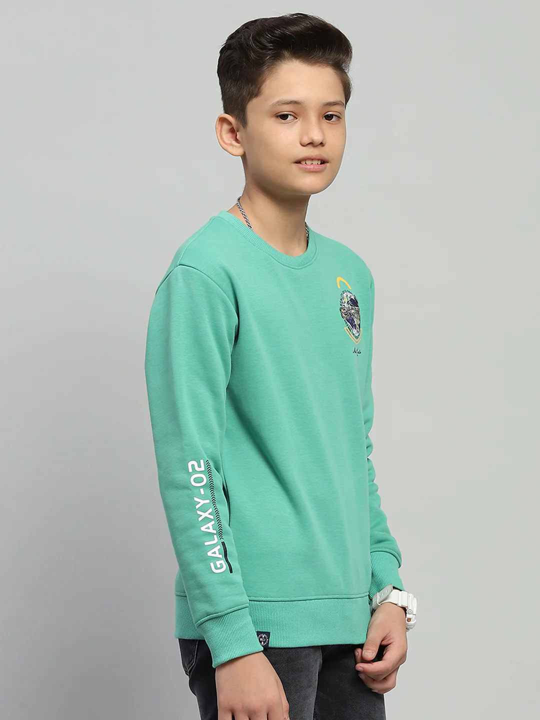 Boys Green Printed Round Neck Full Sleeve Sweatshirt - Image 4
