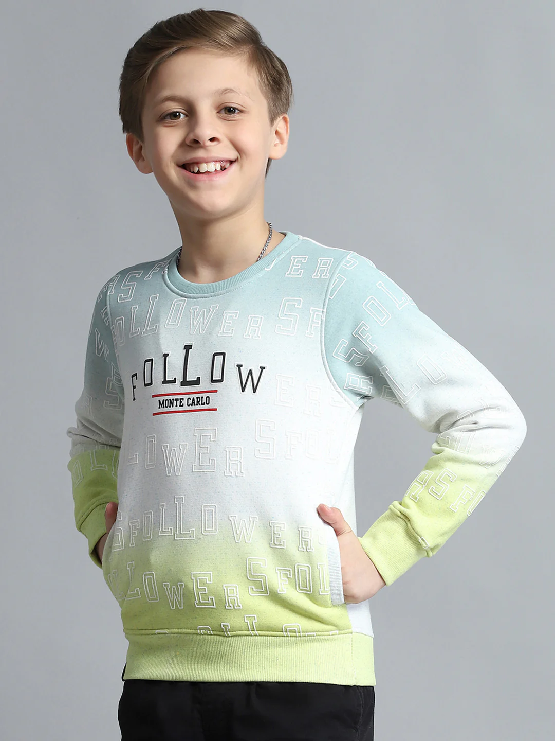 Boys Green Printed Round Neck Full Sleeve Sweatshirt - Image 3