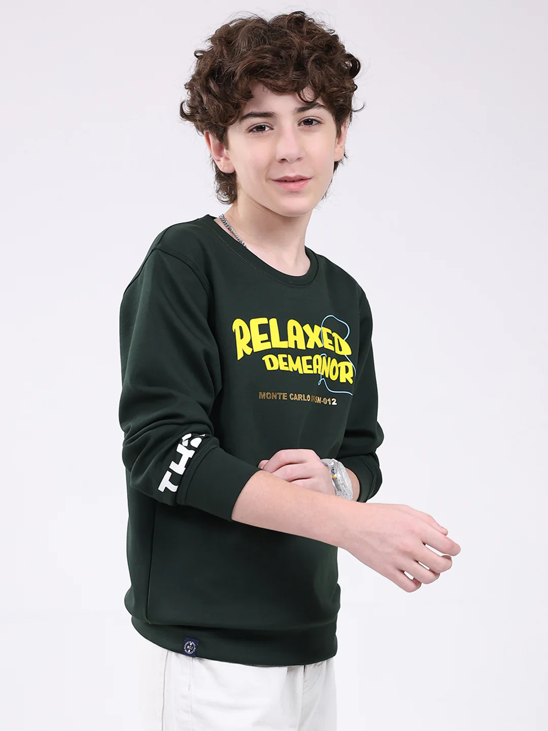 Boys Green Printed Round Neck Full Sleeve Sweatshirt - Image 4