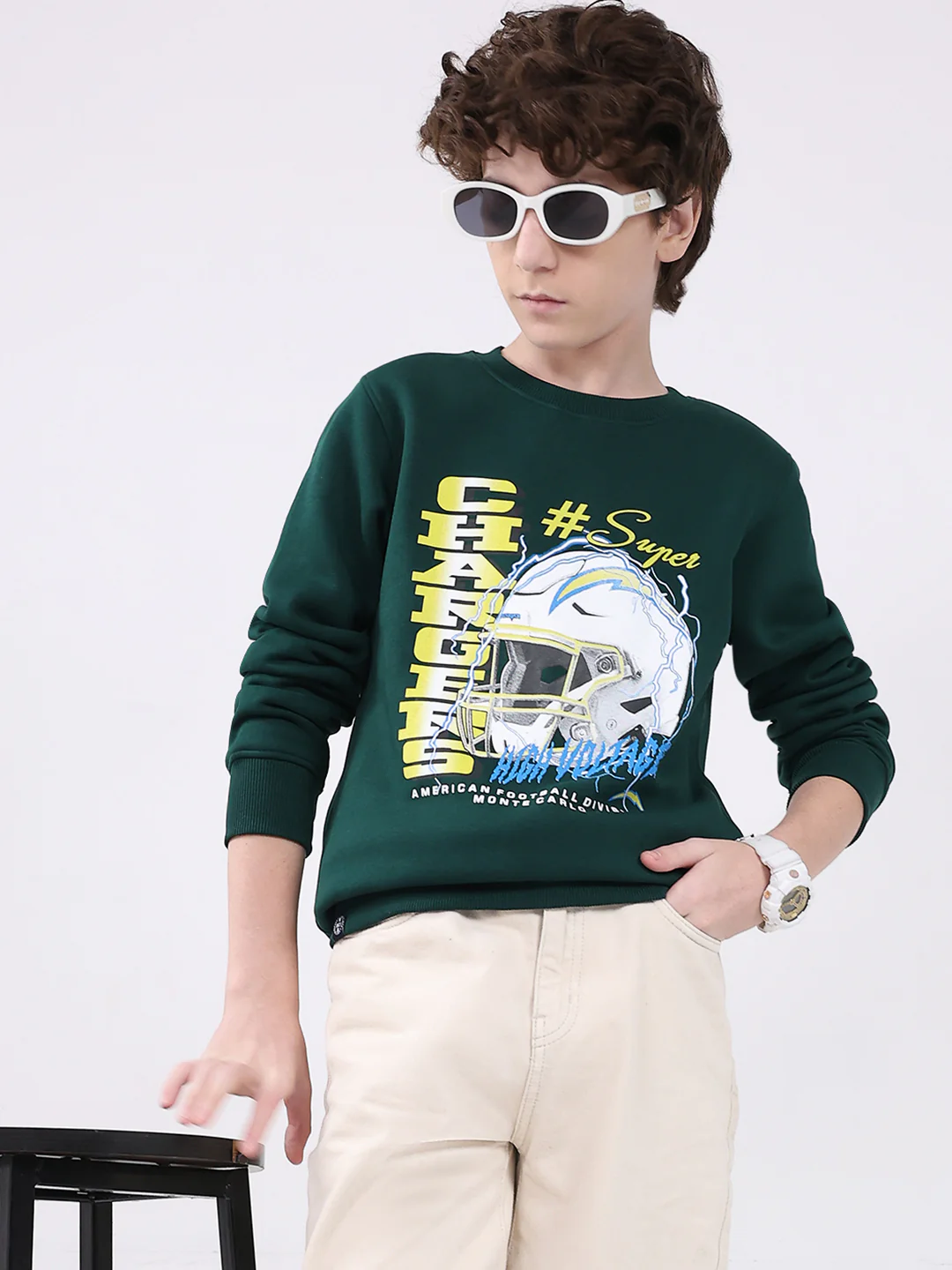 Boys Green Printed Round Neck Full Sleeve Sweatshirt - Image 6