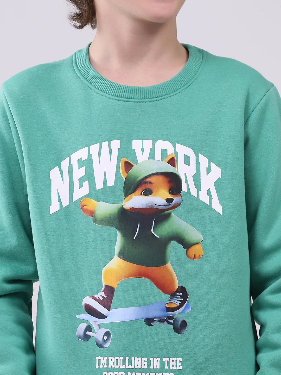 Boys Green Printed Round Neck Full Sleeve Sweatshirt - Image 6