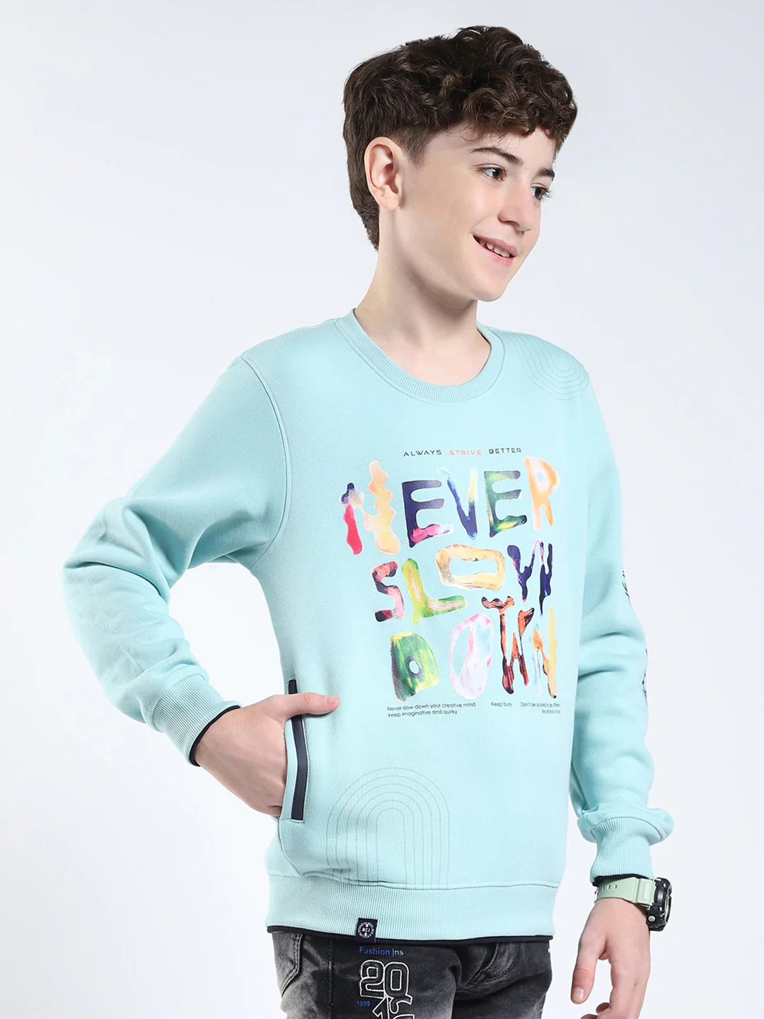 Boys Green Printed Round Neck Full Sleeve Sweatshirt - Image 4