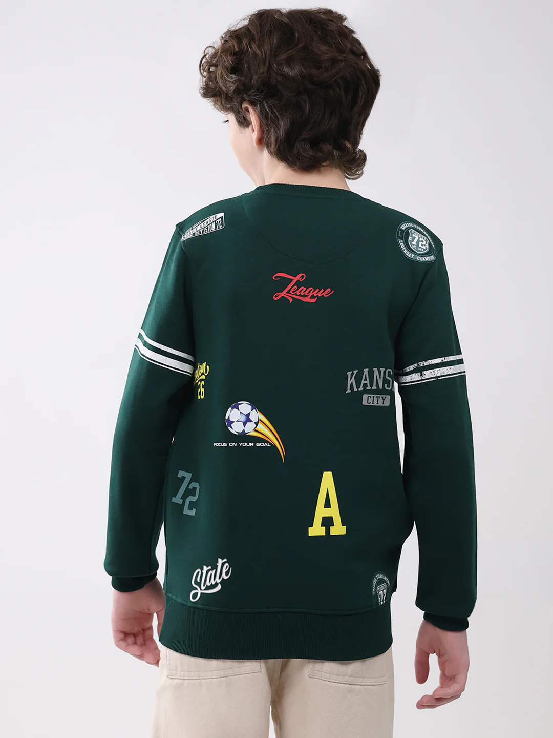 Boys Green Printed Round Neck Full Sleeve Sweatshirt - Image 5