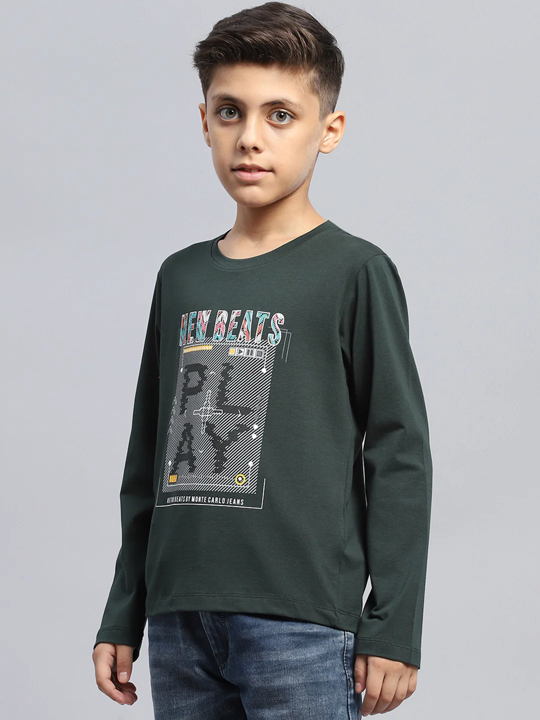 Boys Green Printed Round Neck Full Sleeve T-Shirt - Image 3