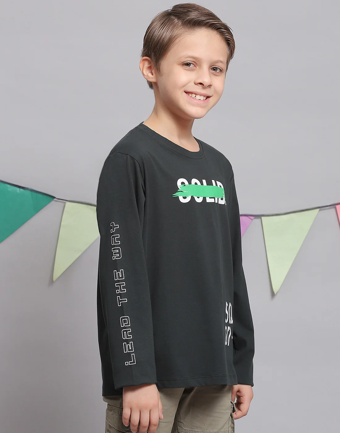 Boys Green Printed Round Neck Full Sleeve T-Shirts - Image 4