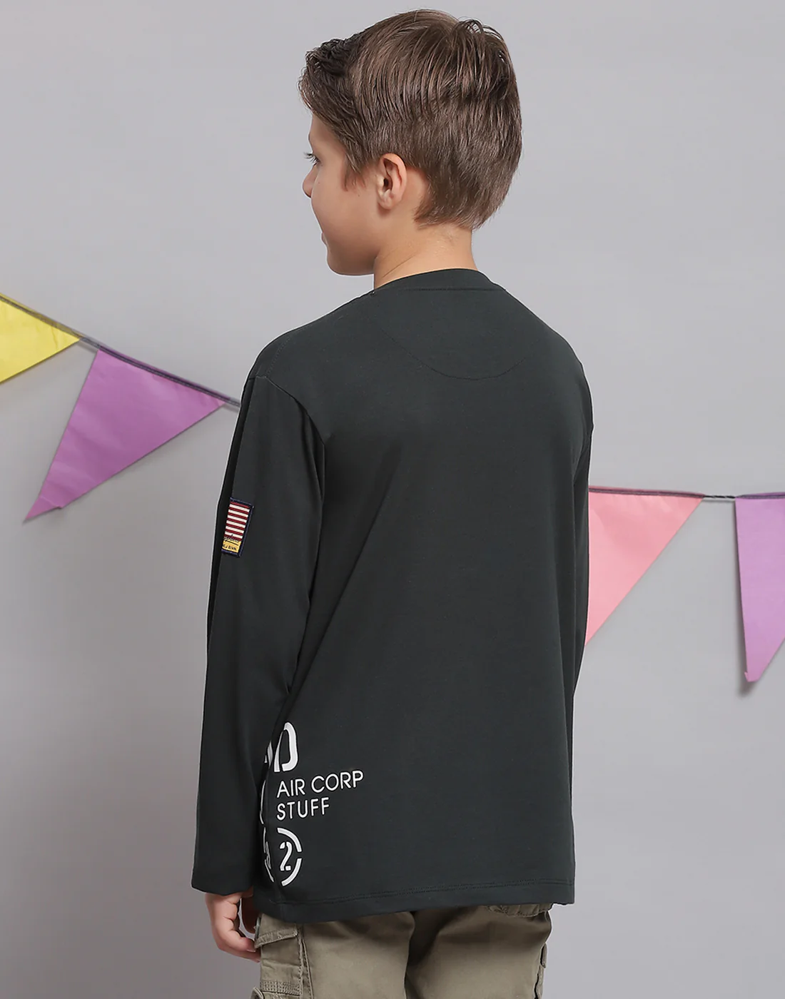 Boys Green Printed Round Neck Full Sleeve T-Shirts - Image 5