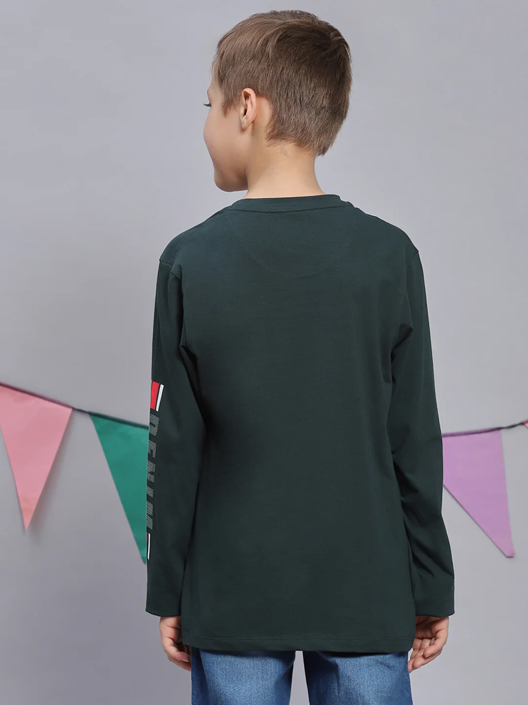 Boys Green Printed Round Neck Full Sleeve T-Shirts - Image 5