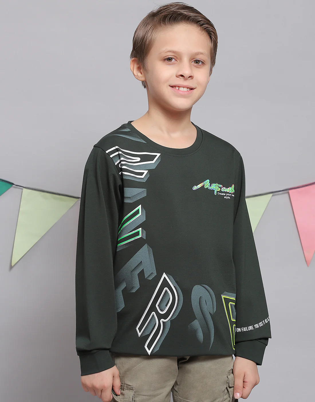 Boys Green Printed Round Neck Full Sleeve T-Shirts - Image 4