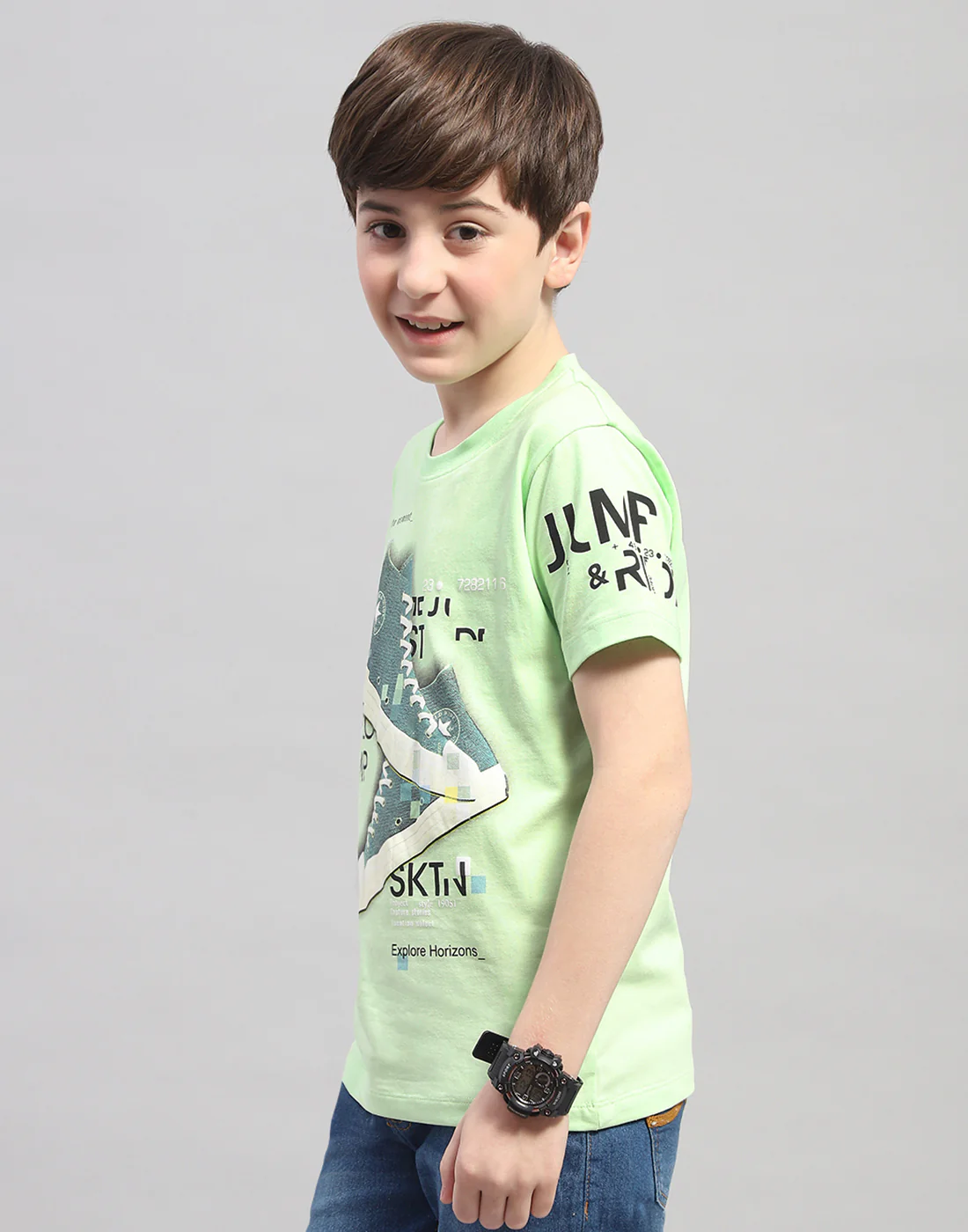 Boys Green Printed Round Neck Half Sleeve T-Shirt - Image 3