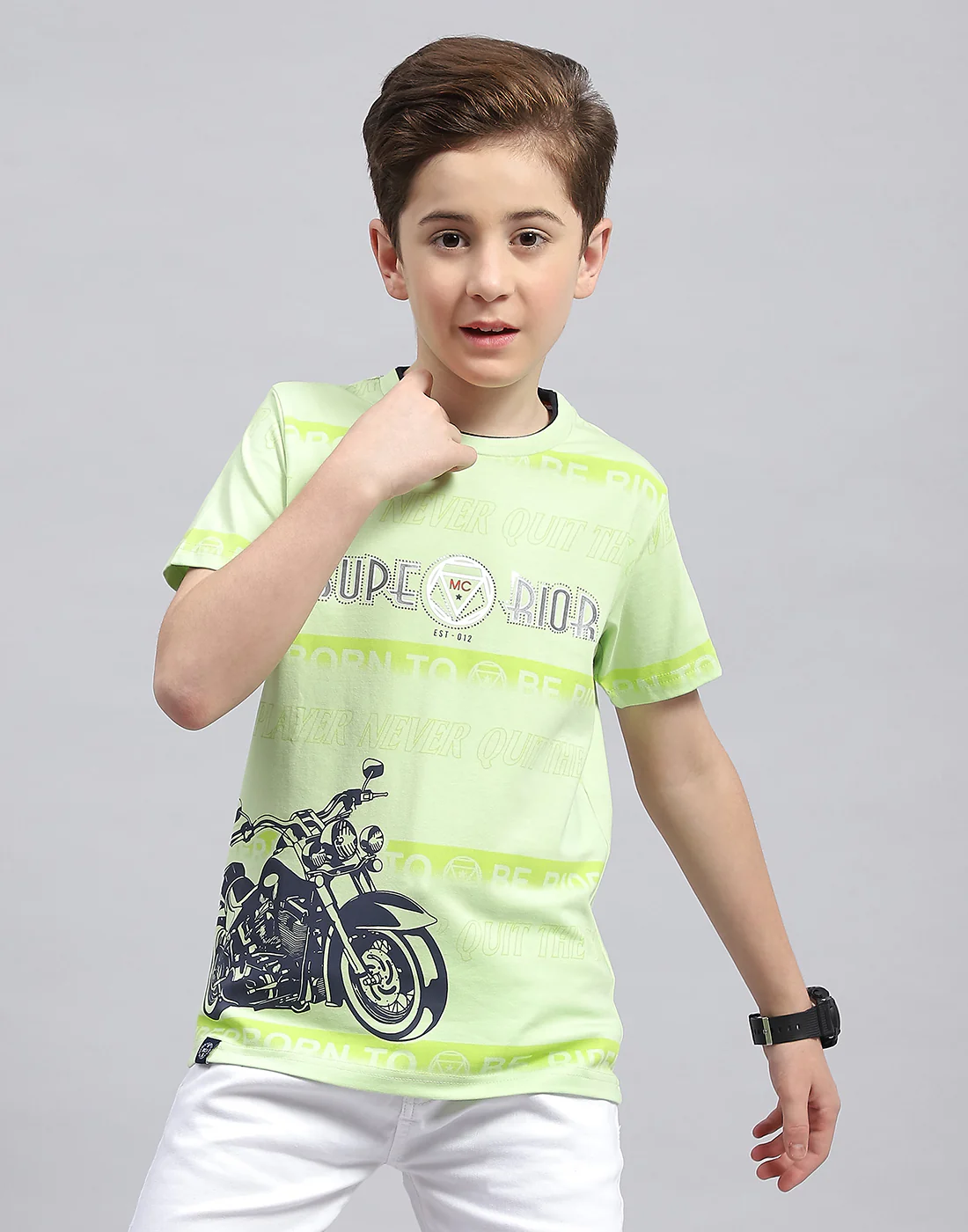 Boys Green Printed Round Neck Half Sleeve T-Shirt - Image 2