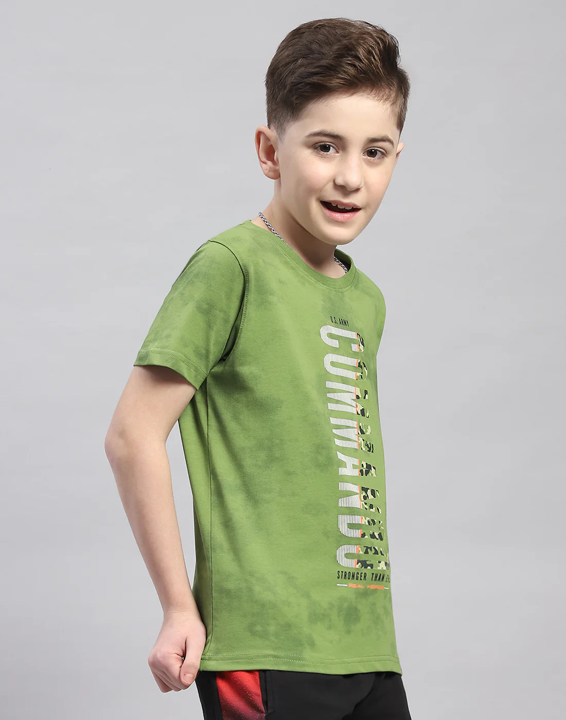 Boys Green Printed Round Neck Half Sleeve T-Shirt - Image 4
