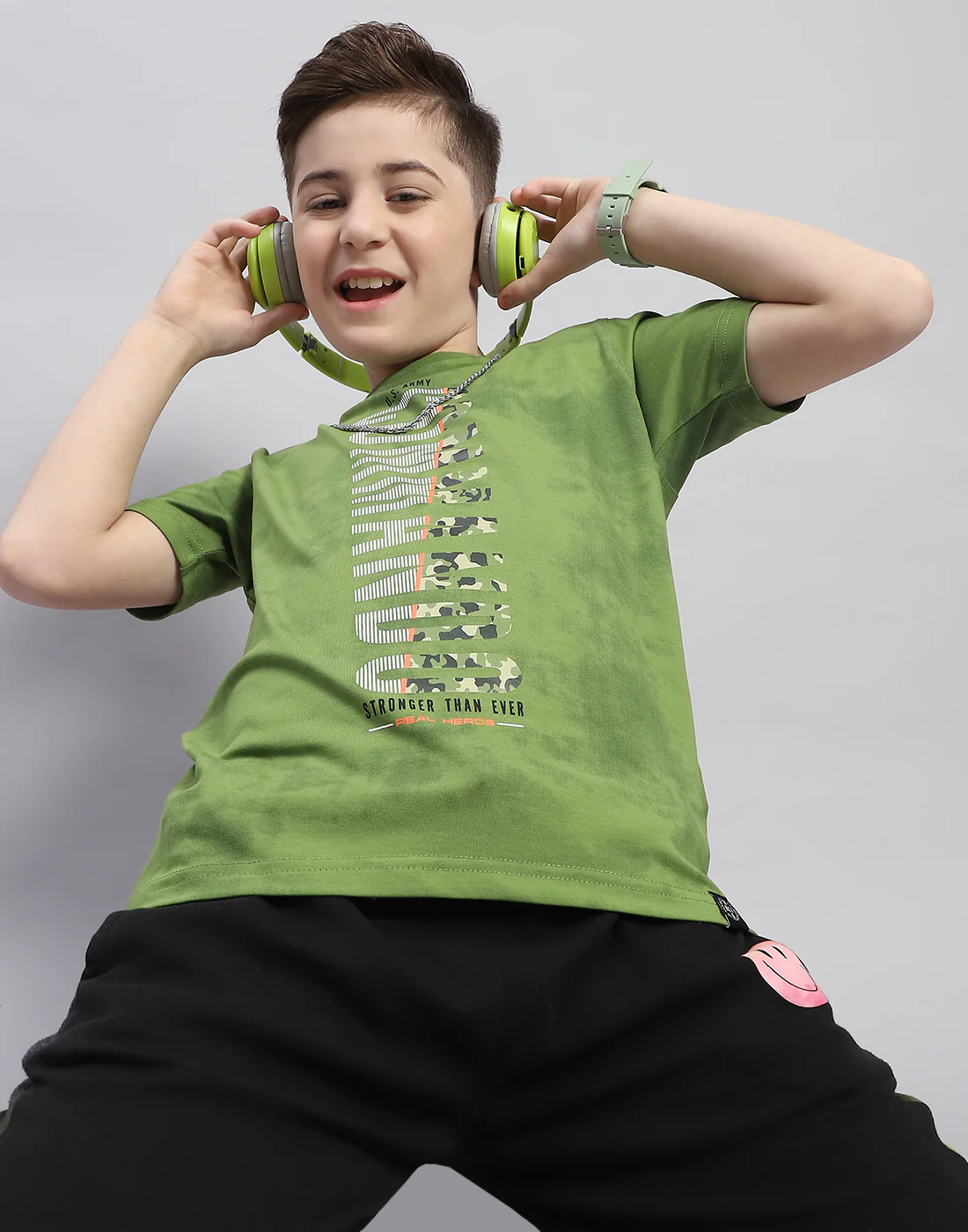 Boys Green Printed Round Neck Half Sleeve T-Shirt - Image 6