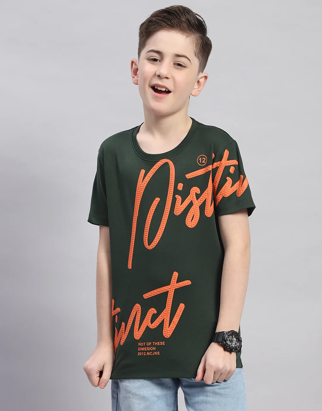 Boys Green Printed Round Neck Half Sleeve T-Shirt - Image 2