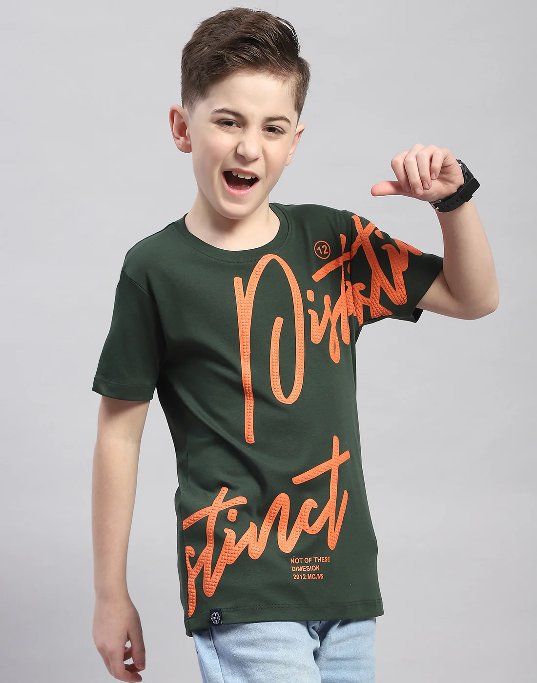 Boys Green Printed Round Neck Half Sleeve T-Shirt - Image 4
