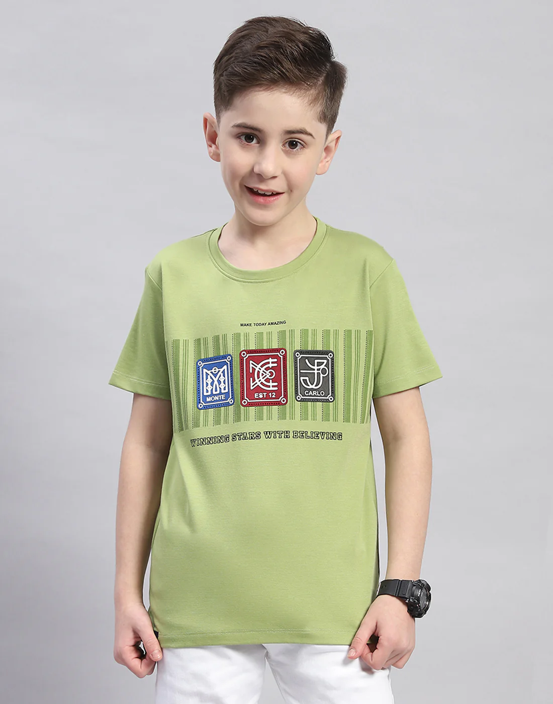 Boys Green Printed Round Neck Half Sleeve T-Shirt - Image 2