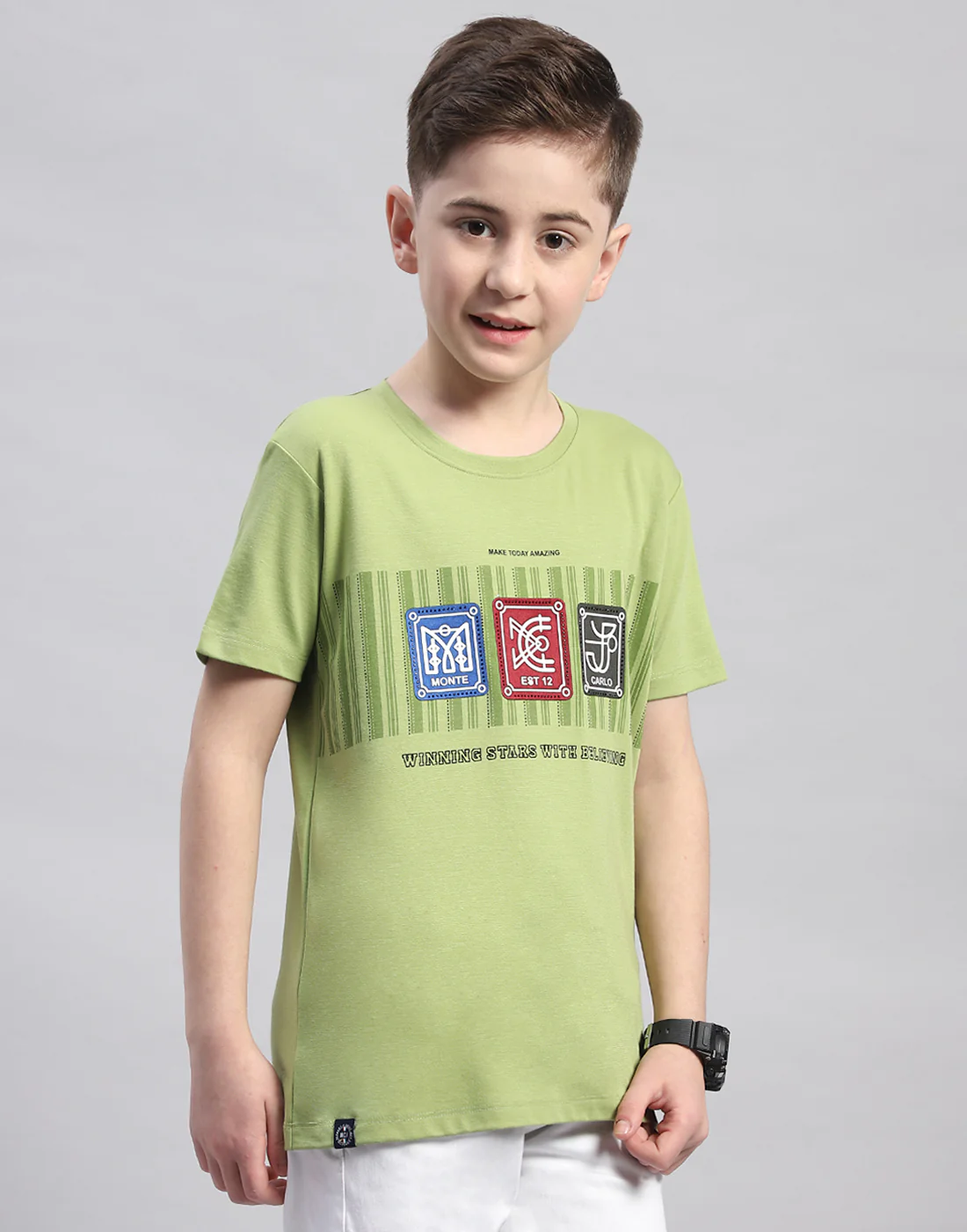 Boys Green Printed Round Neck Half Sleeve T-Shirt - Image 4