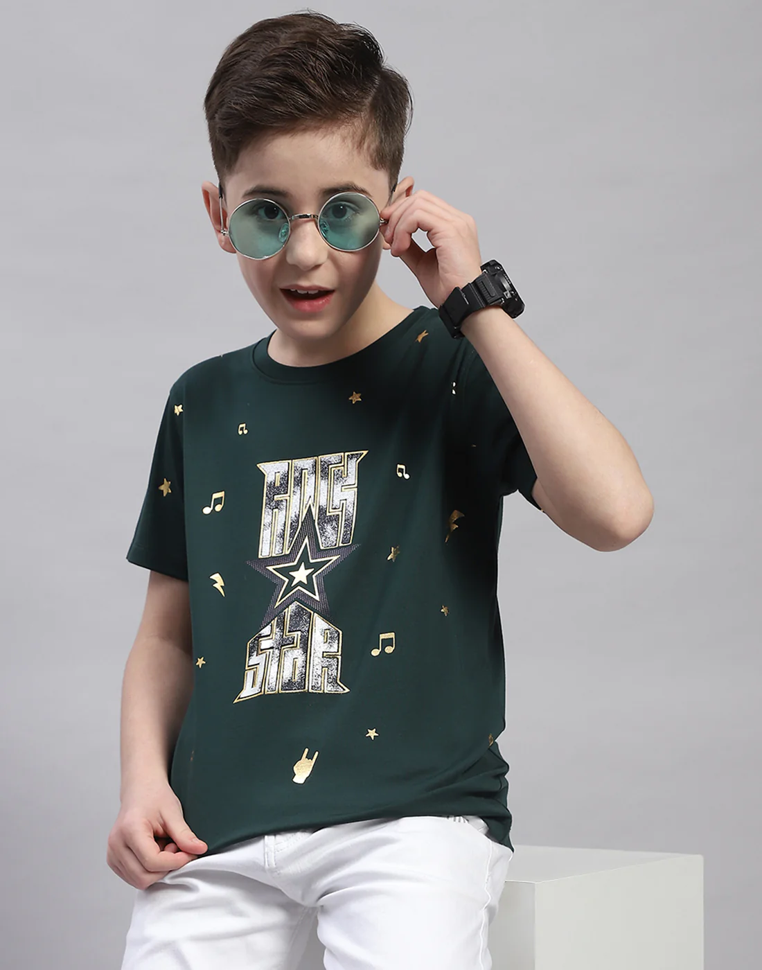 Boys Green Printed Round Neck Half Sleeve T-Shirt - Image 6