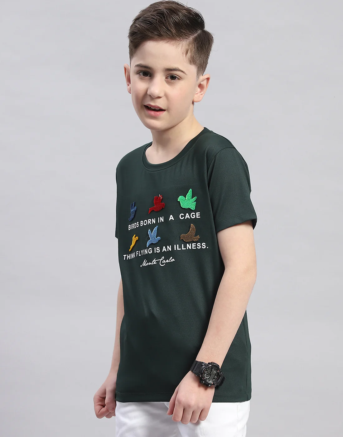 Boys Green Printed Round Neck Half Sleeve T-Shirt - Image 3