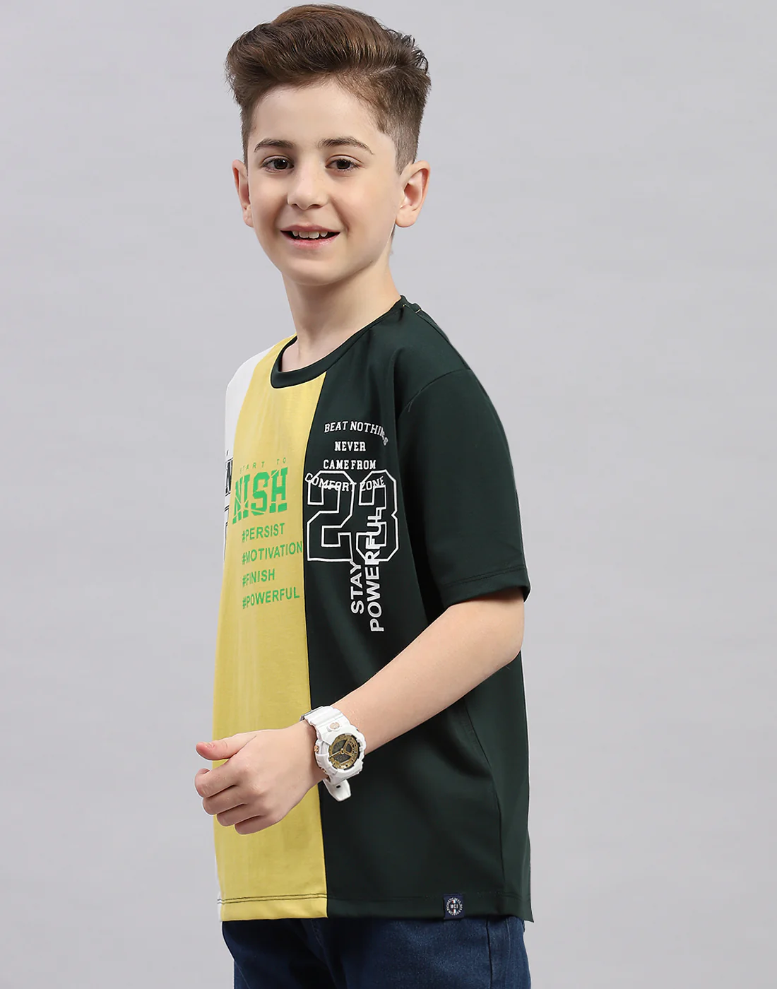 Boys Green Printed Round Neck Half Sleeve T-Shirt - Image 3