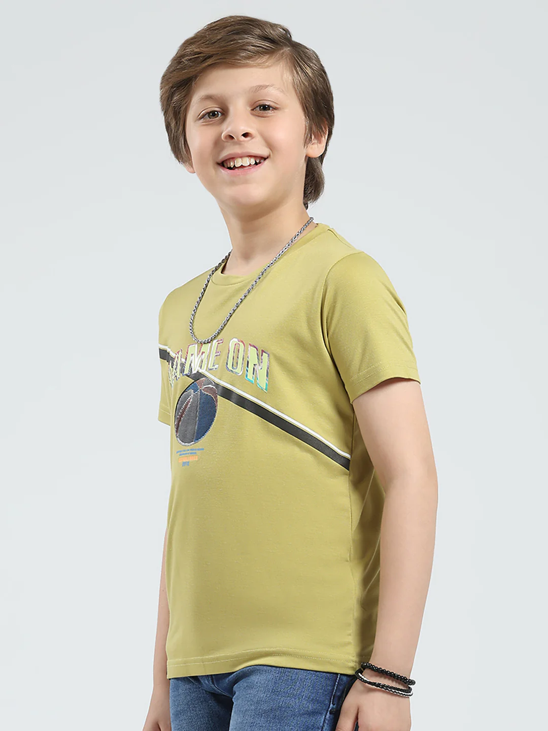 Boys Green Printed Round Neck Half Sleeve T-Shirt - Image 3