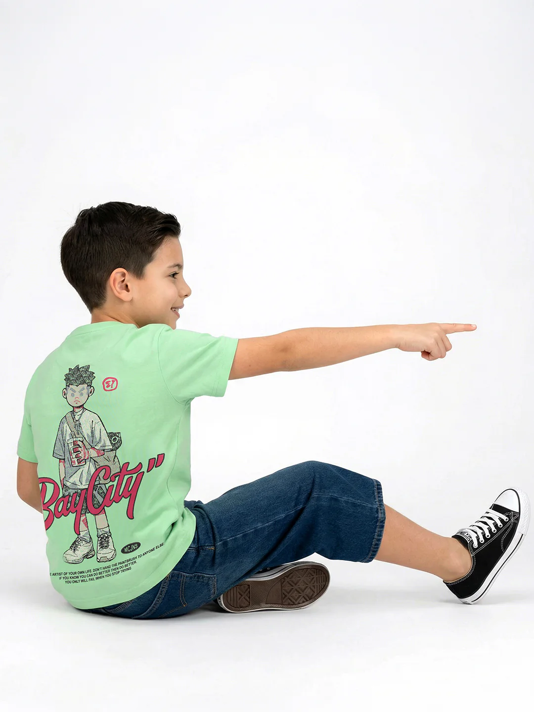 Boys Green Printed Round Neck Half Sleeve T-Shirt - Image 4