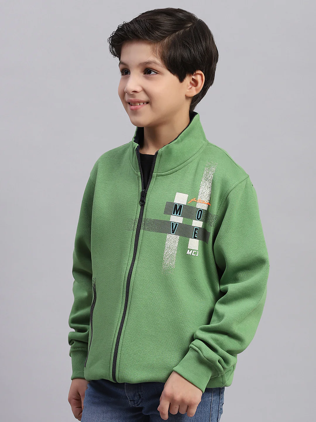 Boys Green Printed Stand Collar Full Sleeve Sweatshirt - Image 3